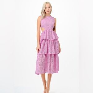 Sleeveless Tiered Eyelet Midi Dress in Lavender Pink